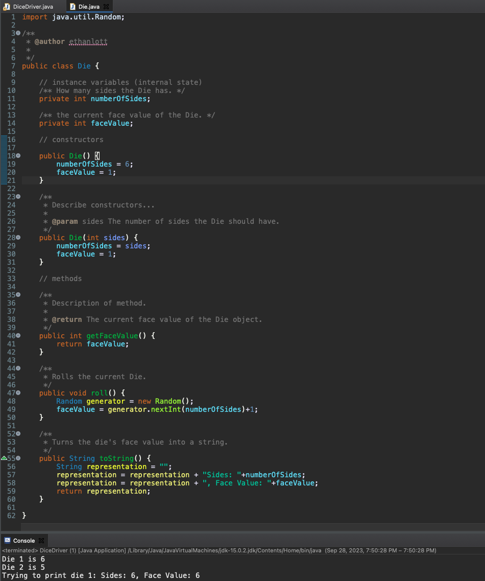 Terminal output and java code that simulates rolling a die