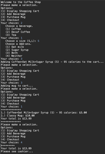 Terminal output of a coffee shop kiosk simulation